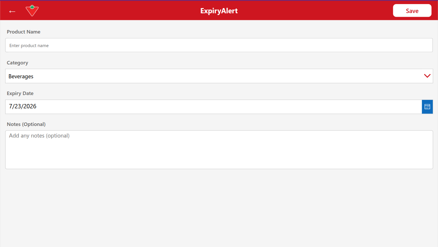 Blank Add Item form with product name, category, expiry date, and notes fields