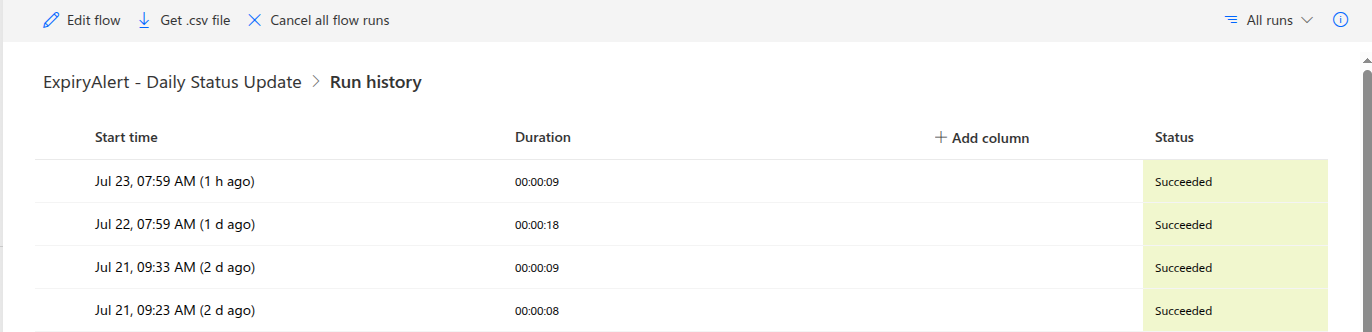 Daily flow run history showing successful scheduled runs