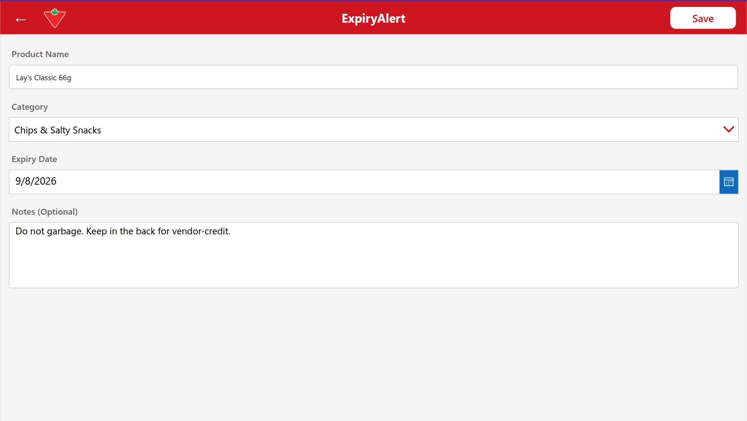Edit Item form pre-filled with existing product data