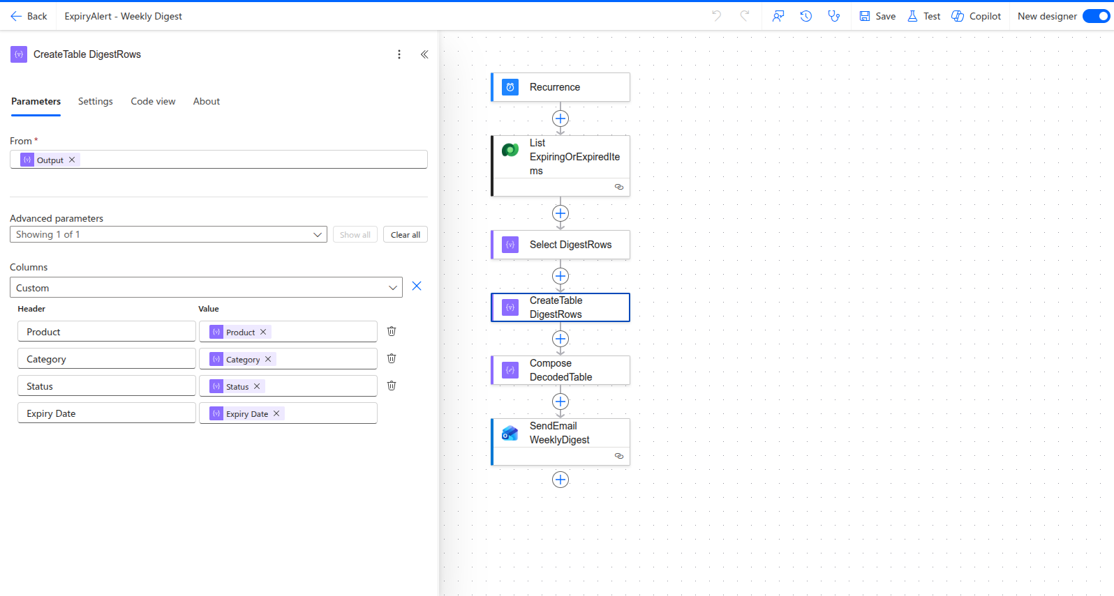 Weekly Digest flow showing table creation step for the email